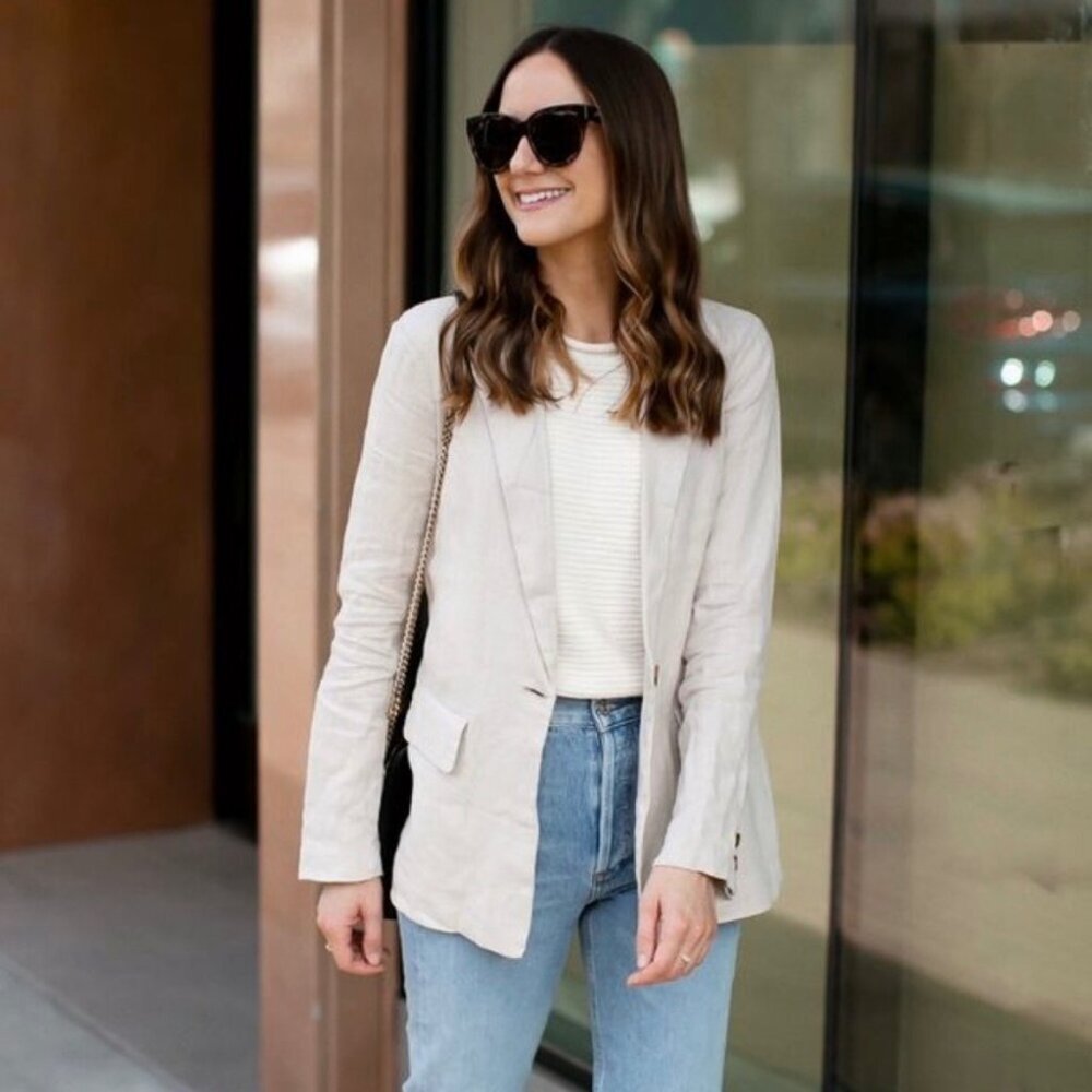 AVEC LES FILLES Boyfriend Linen Blazer in Natural Women’s  Size Medium